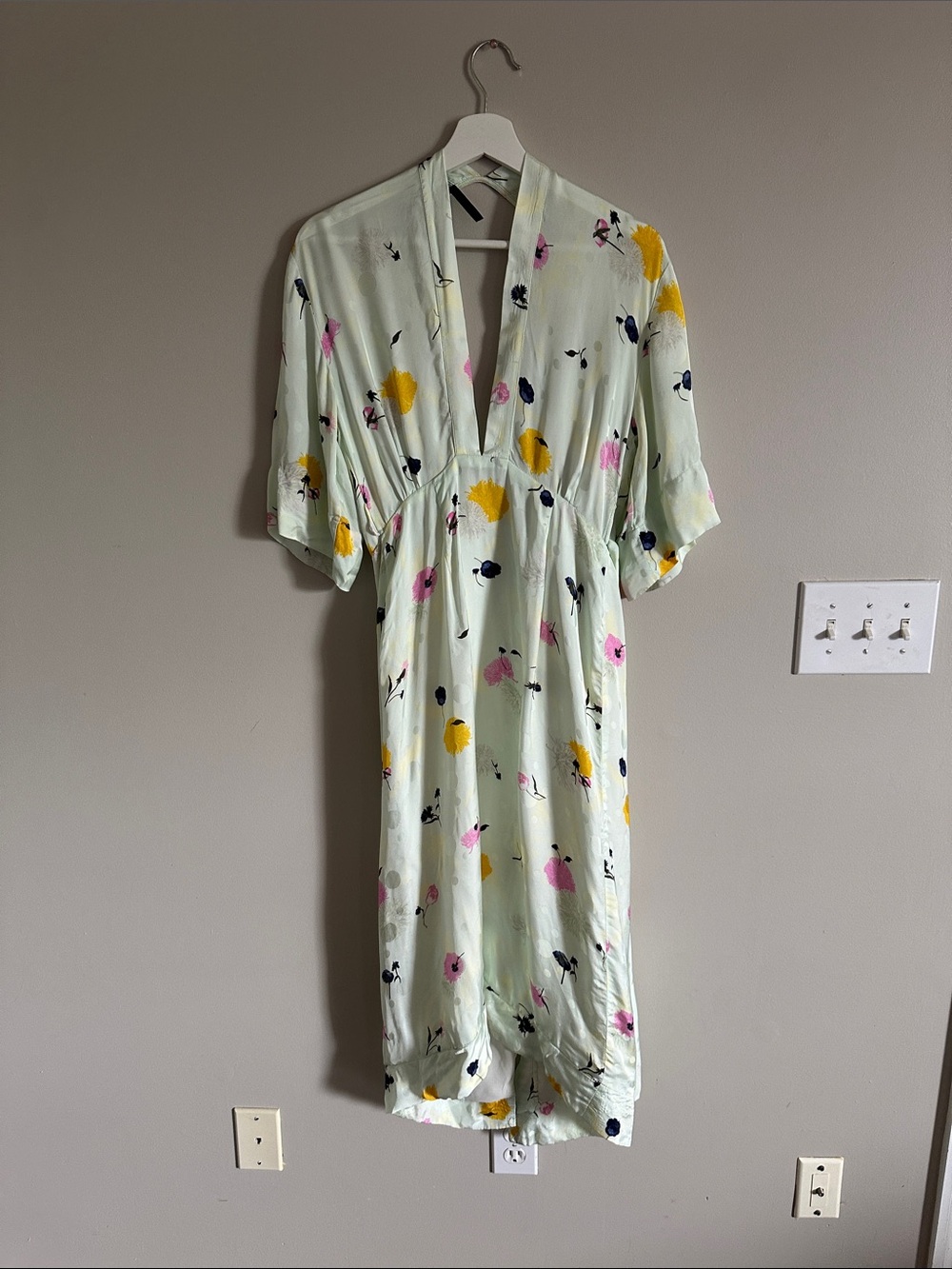 TopShop Kimono Light Mint Floral Wrap Midi Dress with Pink & Yellow Blooms